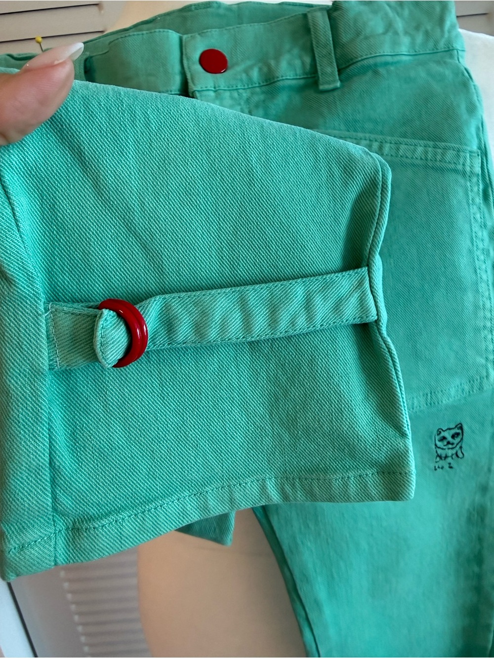 Bobo Choses Mint Green Kids Jeans with Cat Patch - Picture 3 of 11